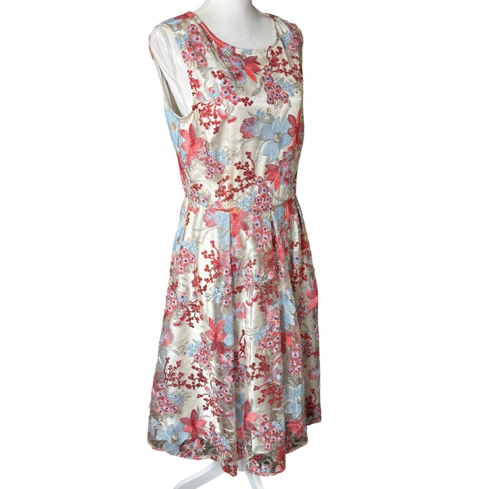 Tahari Floral Sequin Embroidered Dress Sand Scarlet Sky 10 Wedding Cocktail‎ NWT - Picture 11 of 16